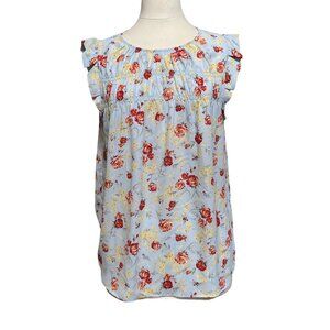 Pleione Floral Print Smock Sleeveless Top Blue Ruffle‎ Sleeves Cottagecore Sz L